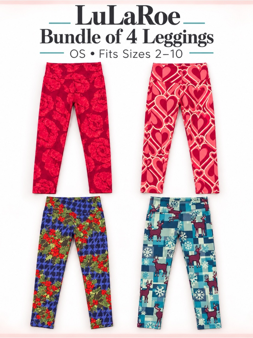 LulaRoe Women's Printed Leggings Pack - Red, Pink, Blue & Multicolor 4pc bundle
